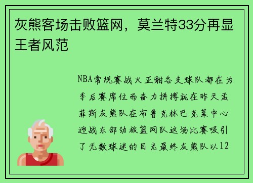 灰熊客场击败篮网，莫兰特33分再显王者风范