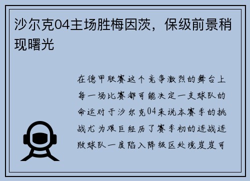 沙尔克04主场胜梅因茨，保级前景稍现曙光